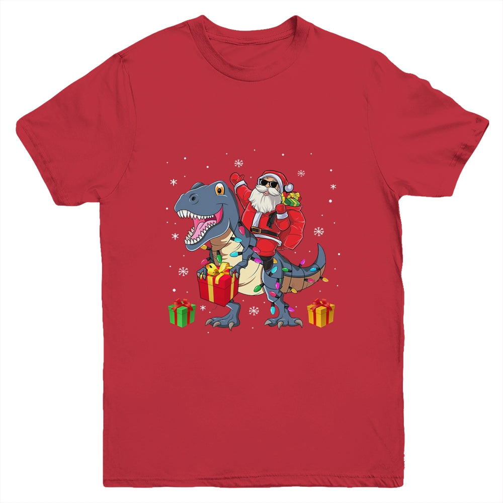 Santa Riding Dinosaur T Rex Deer Christmas For Boys Youth Shirt | siriusteestore