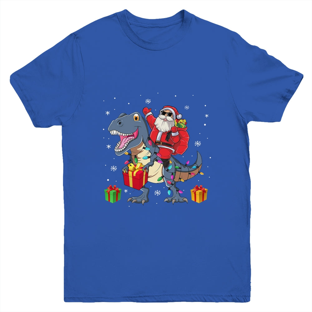 Santa Riding Dinosaur T Rex Deer Christmas For Boys Youth Shirt | siriusteestore