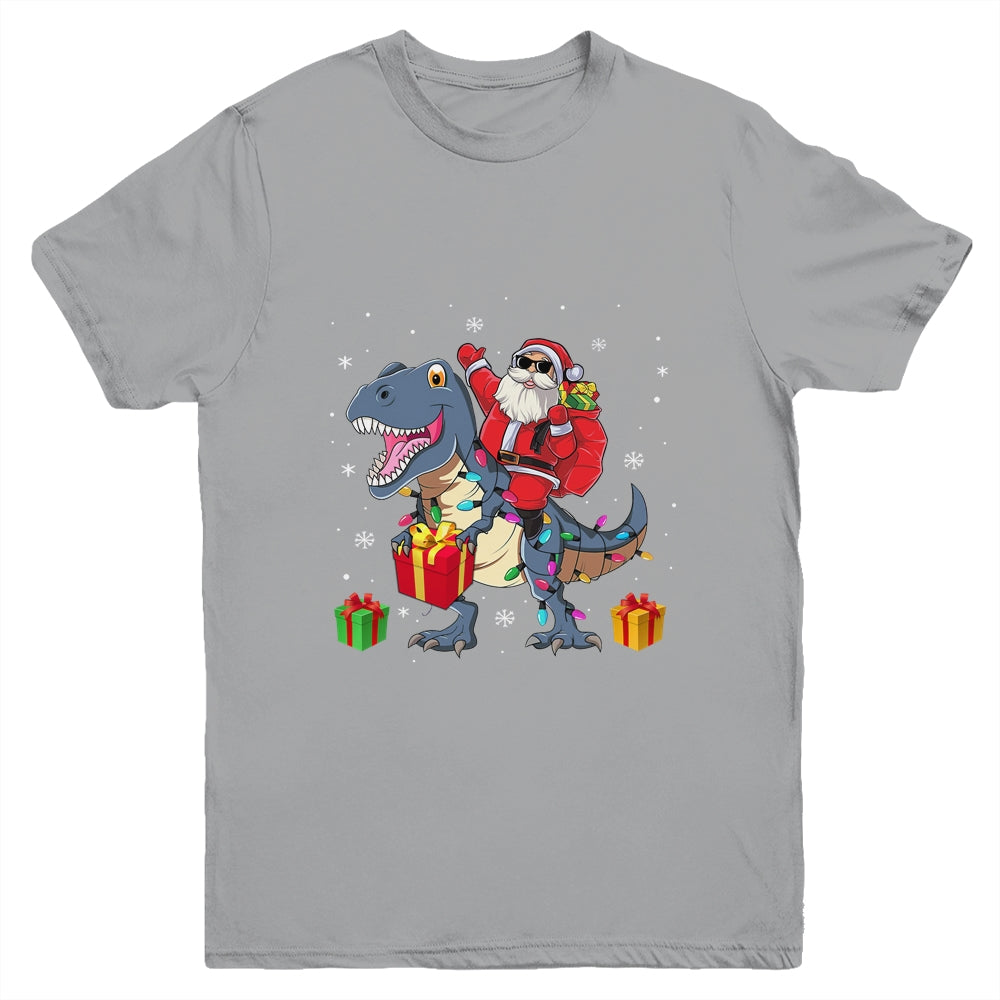 Santa Riding Dinosaur T Rex Deer Christmas For Boys Youth Shirt | siriusteestore