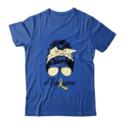 Sarcoma Awareness Messy Bun Warrior Believe Yellow Ribbon Shirt & Tank Top | siriusteestore