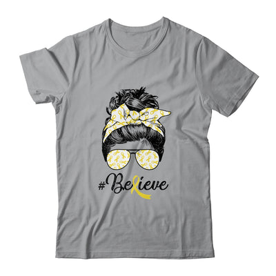 Sarcoma Awareness Messy Bun Warrior Believe Yellow Ribbon Shirt & Tank Top | siriusteestore