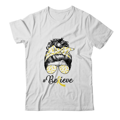 Sarcoma Awareness Messy Bun Warrior Believe Yellow Ribbon Shirt & Tank Top | siriusteestore