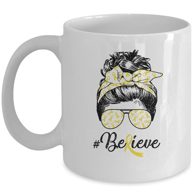 Sarcoma Awareness Messy Bun Warrior Believe Yellow Ribbon Mug | siriusteestore