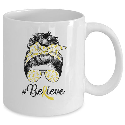 Sarcoma Awareness Messy Bun Warrior Believe Yellow Ribbon Mug | siriusteestore