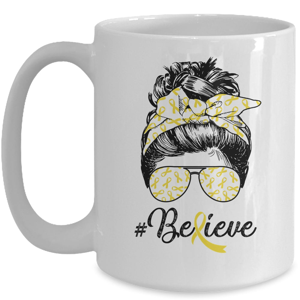 Sarcoma Awareness Messy Bun Warrior Believe Yellow Ribbon Mug | siriusteestore