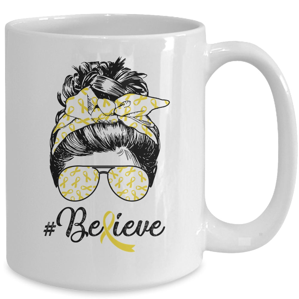 Sarcoma Awareness Messy Bun Warrior Believe Yellow Ribbon Mug | siriusteestore