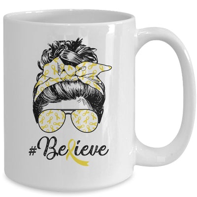 Sarcoma Awareness Messy Bun Warrior Believe Yellow Ribbon Mug | siriusteestore