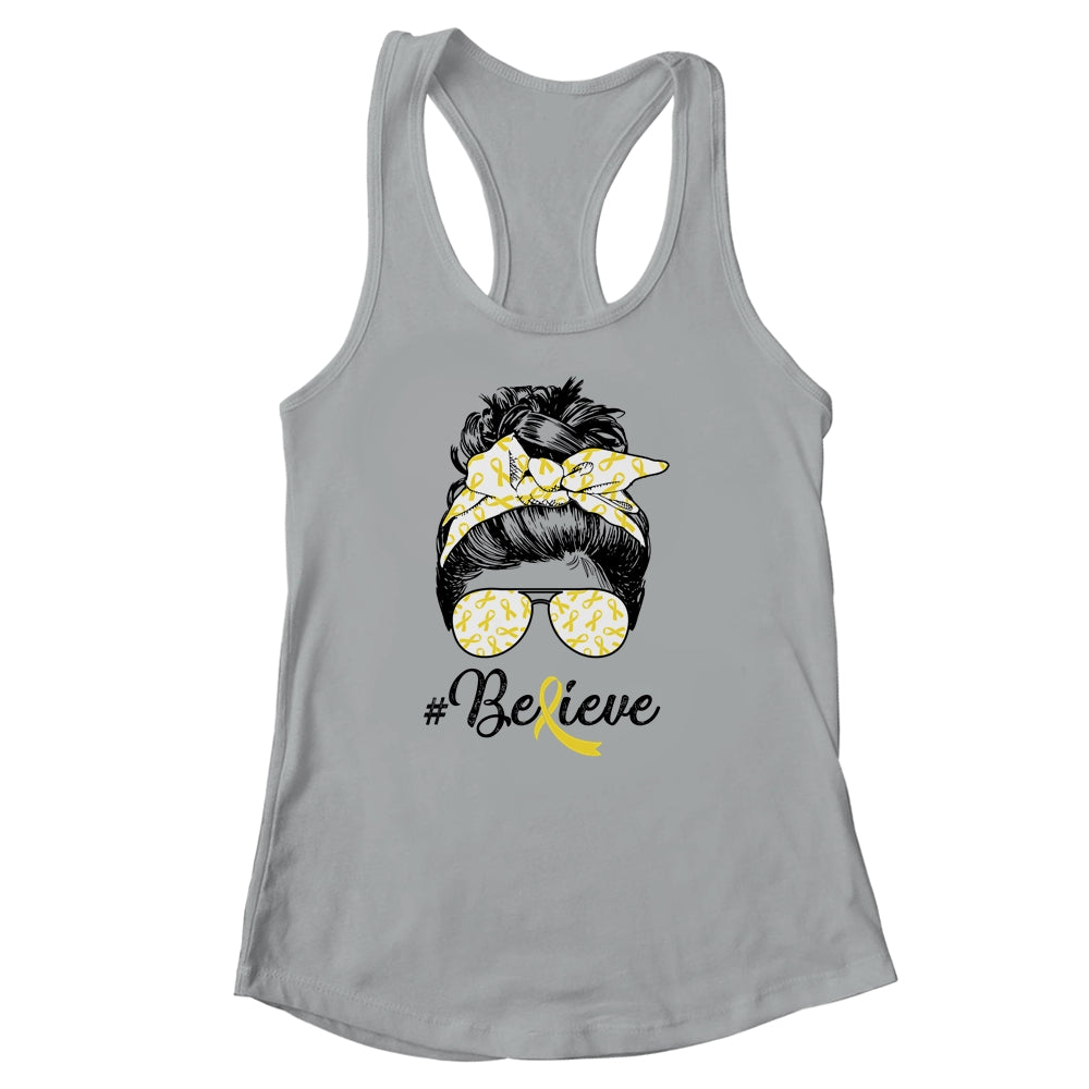 Sarcoma Awareness Messy Bun Warrior Believe Yellow Ribbon Shirt & Tank Top | siriusteestore
