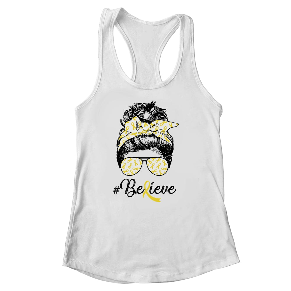 Sarcoma Awareness Messy Bun Warrior Believe Yellow Ribbon Shirt & Tank Top | siriusteestore