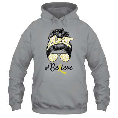 Sarcoma Awareness Messy Bun Warrior Believe Yellow Ribbon Shirt & Tank Top | siriusteestore