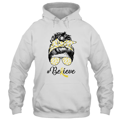 Sarcoma Awareness Messy Bun Warrior Believe Yellow Ribbon Shirt & Tank Top | siriusteestore