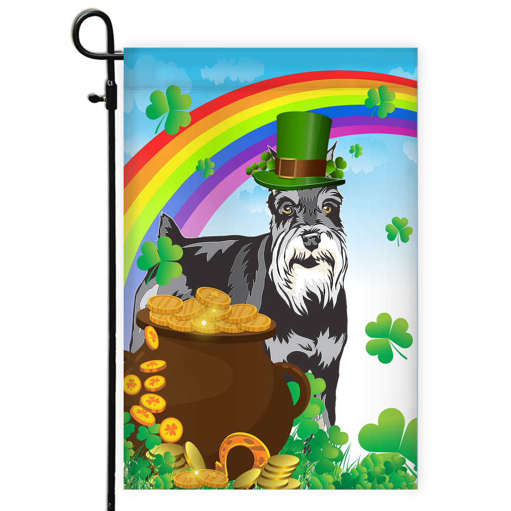 Schnauzer St Patrick's Day Dog Flag Funny Peeking Dog Wear Green Hat Golden Pot Coin Shamrock Rainbow Spring Banner for Home Decor | siriusteestore