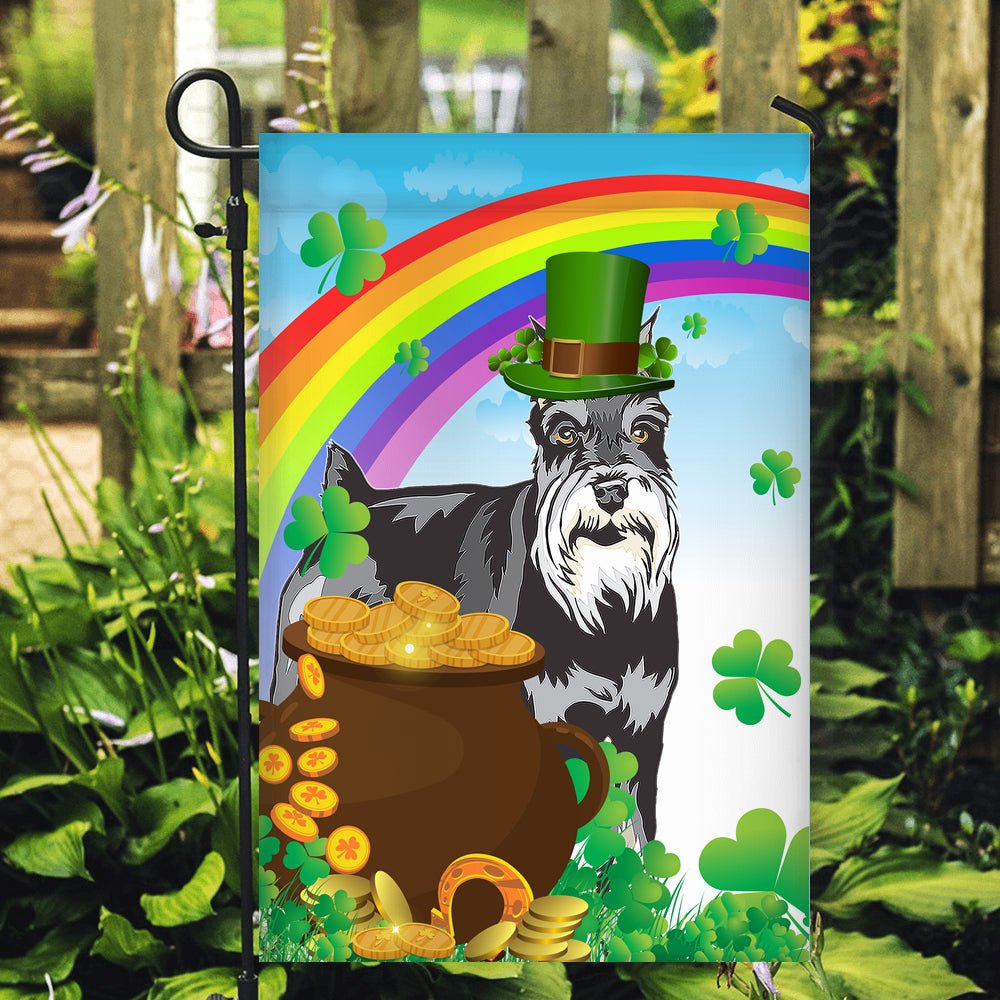 Schnauzer St Patrick's Day Dog Flag Funny Peeking Dog Wear Green Hat Golden Pot Coin Shamrock Rainbow Spring Banner for Home Decor | siriusteestore
