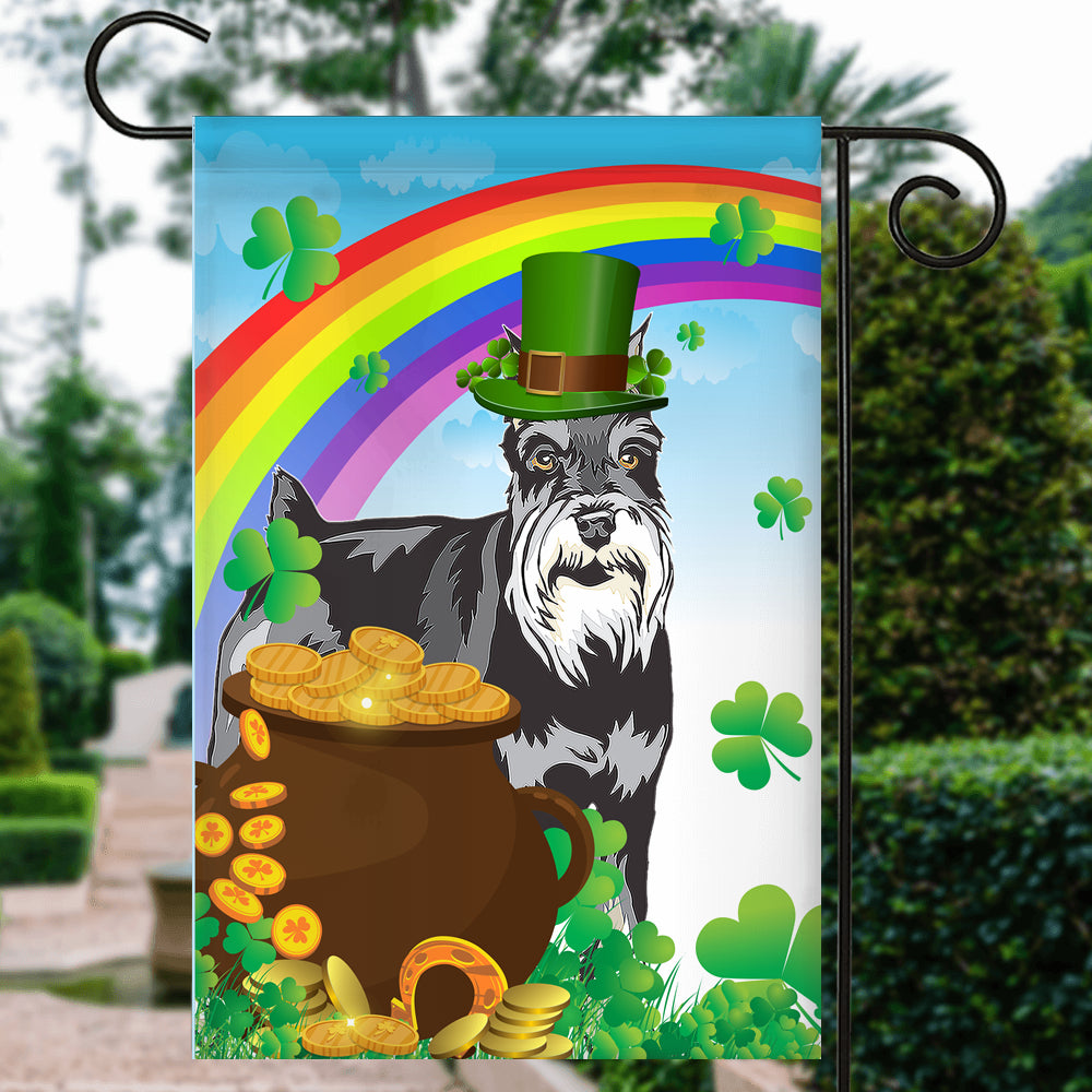 Schnauzer St Patrick's Day Dog Flag Funny Peeking Dog Wear Green Hat Golden Pot Coin Shamrock Rainbow Spring Banner for Home Decor | siriusteestore