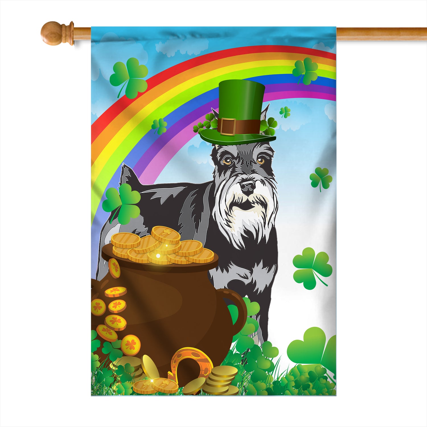 Schnauzer St Patrick's Day Dog Flag Funny Peeking Dog Wear Green Hat Golden Pot Coin Shamrock Rainbow Spring Banner for Home Decor | siriusteestore