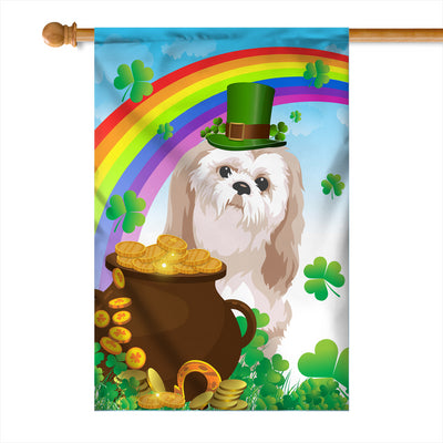 Shih Tzu St Patrick's Day Dog Flag Funny Peeking Dog Wear Green Hat Golden Pot Coin Shamrock Rainbow Spring Banner for Home Decor | siriusteestore