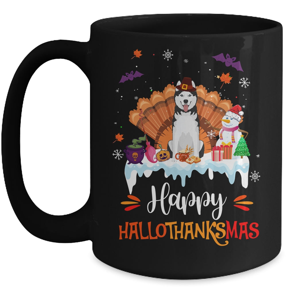 Siberian Husky Happy HalloThanksMas Halloween Christmas Mug | siriusteestore