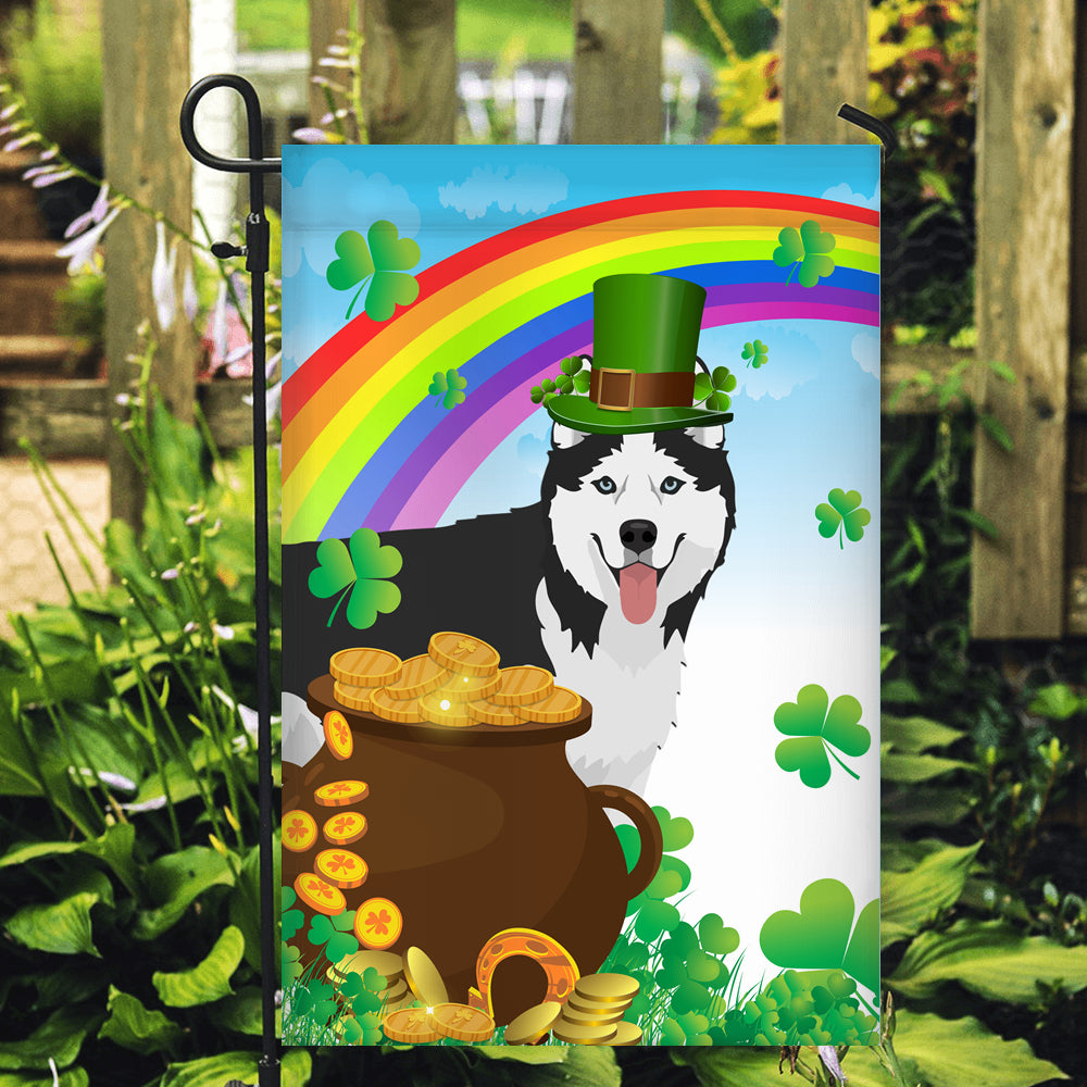 Siberian Husky St Patrick's Day Dog Flag Funny Peeking Dog Wear Green Hat Golden Pot Coin Shamrock Rainbow Spring Banner for Home Decor | siriusteestore