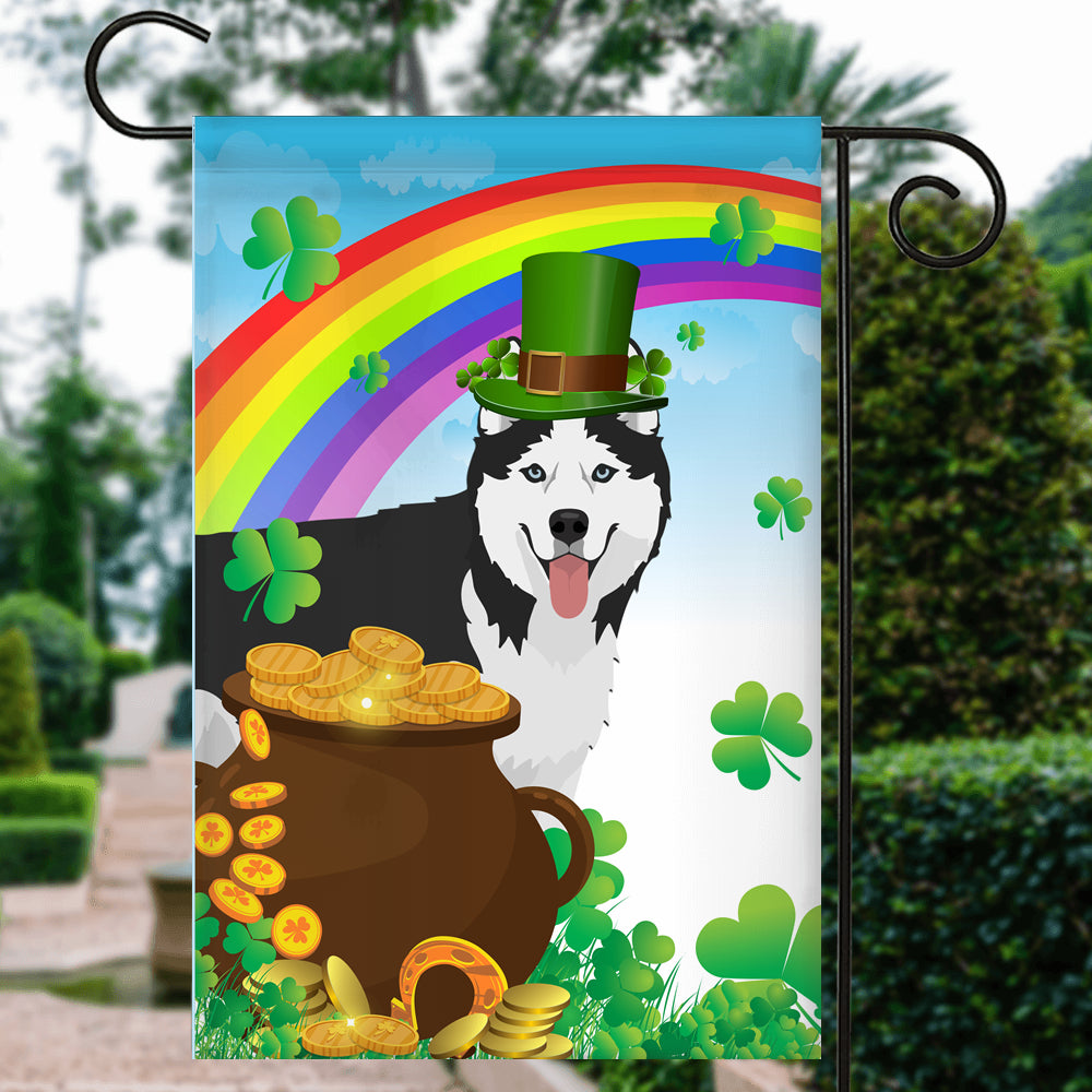 Siberian Husky St Patrick's Day Dog Flag Funny Peeking Dog Wear Green Hat Golden Pot Coin Shamrock Rainbow Spring Banner for Home Decor | siriusteestore