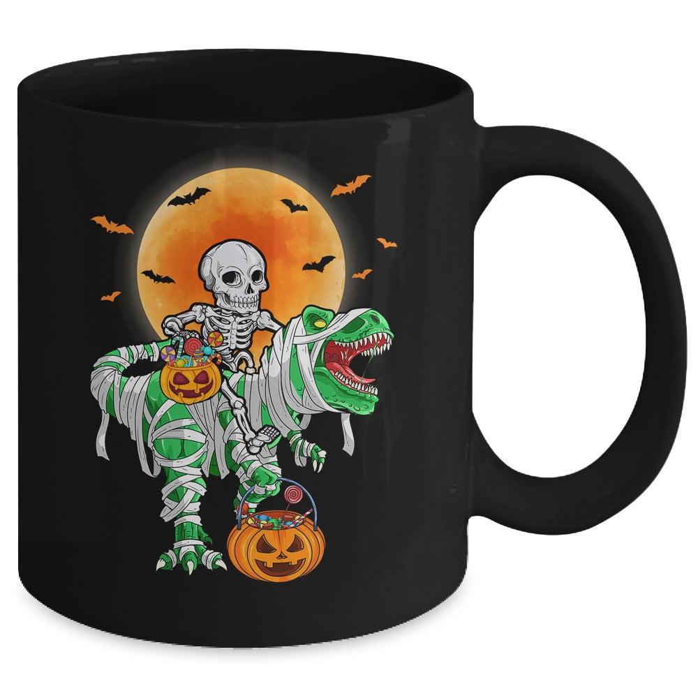 Skeleton Riding Mummy Dinosaur T Rex Halloween Funny Pumpkin Mug | siriusteestore