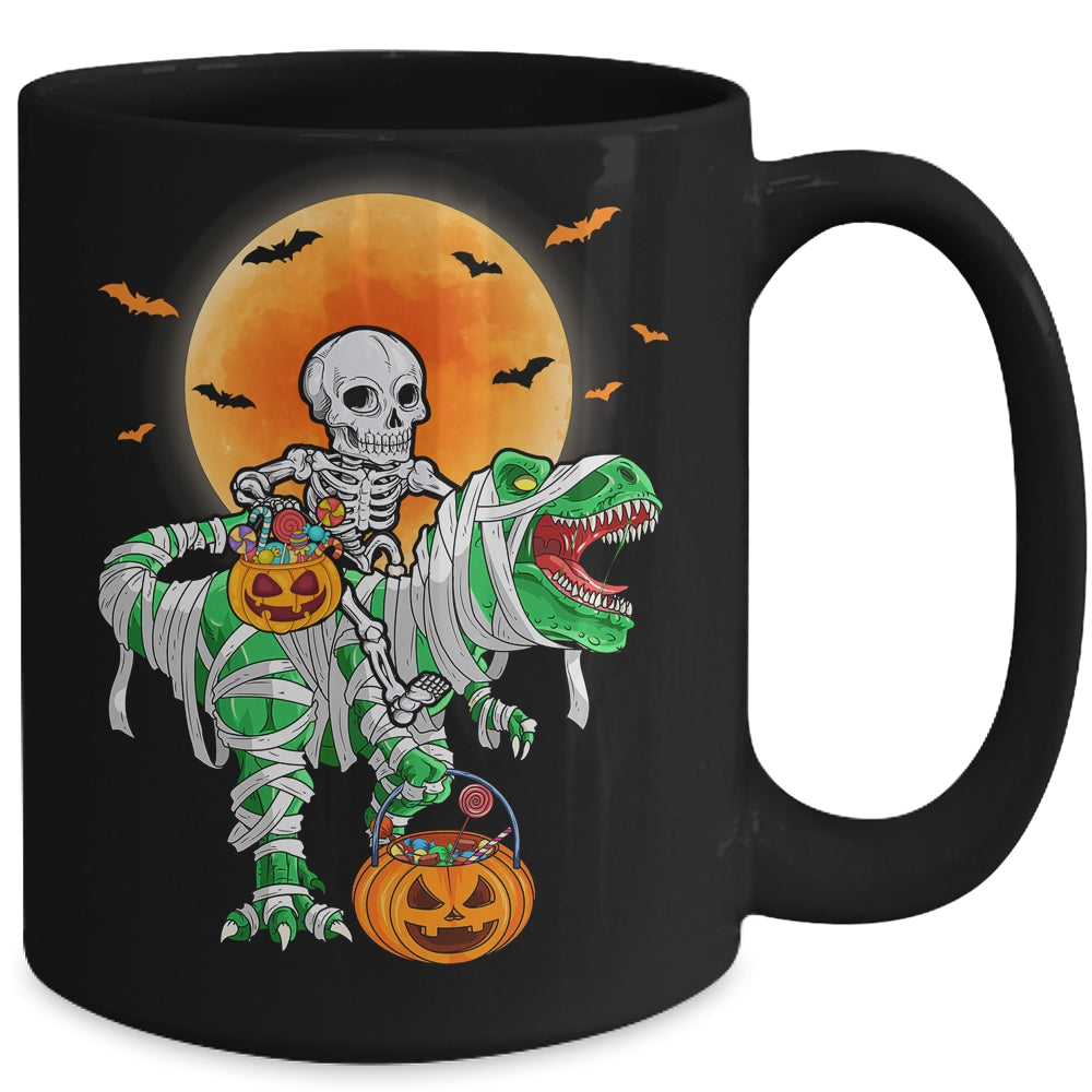 Skeleton Riding Mummy Dinosaur T Rex Halloween Funny Pumpkin Mug | siriusteestore