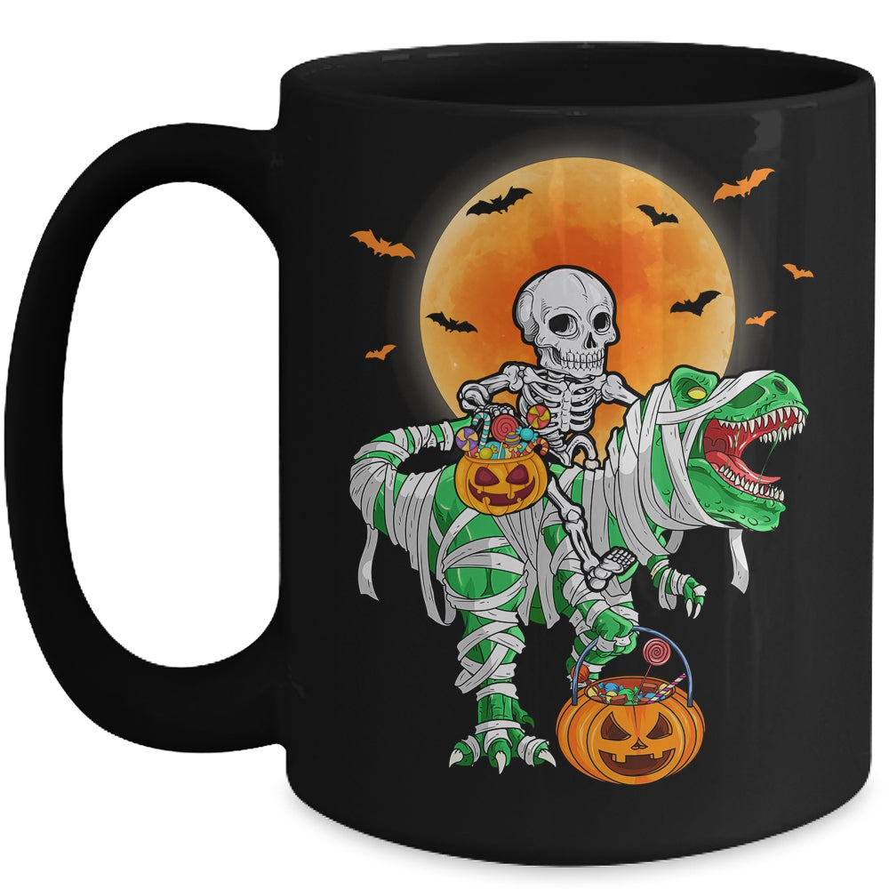 Skeleton Riding Mummy Dinosaur T Rex Halloween Funny Pumpkin Mug | siriusteestore
