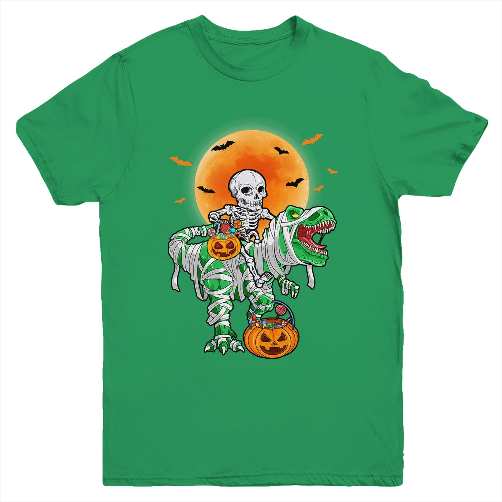 Skeleton Riding Mummy Dinosaur T Rex Halloween Funny Pumpkin Youth Shirt | siriusteestore