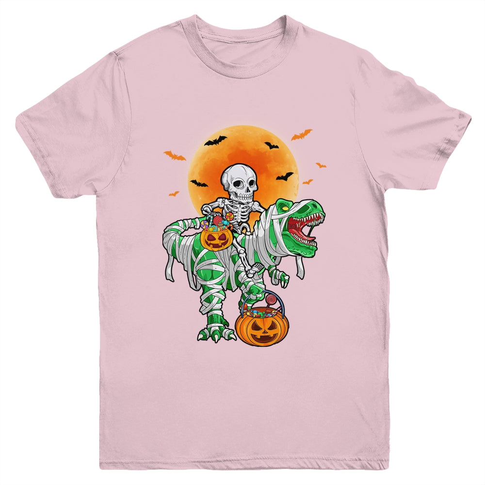 Skeleton Riding Mummy Dinosaur T Rex Halloween Funny Pumpkin Youth Shirt | siriusteestore