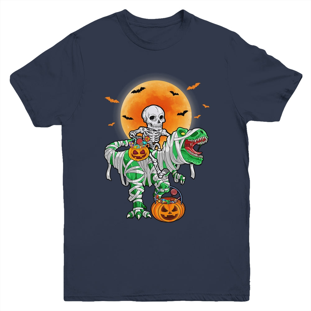 Skeleton Riding Mummy Dinosaur T Rex Halloween Funny Pumpkin Youth Shirt | siriusteestore