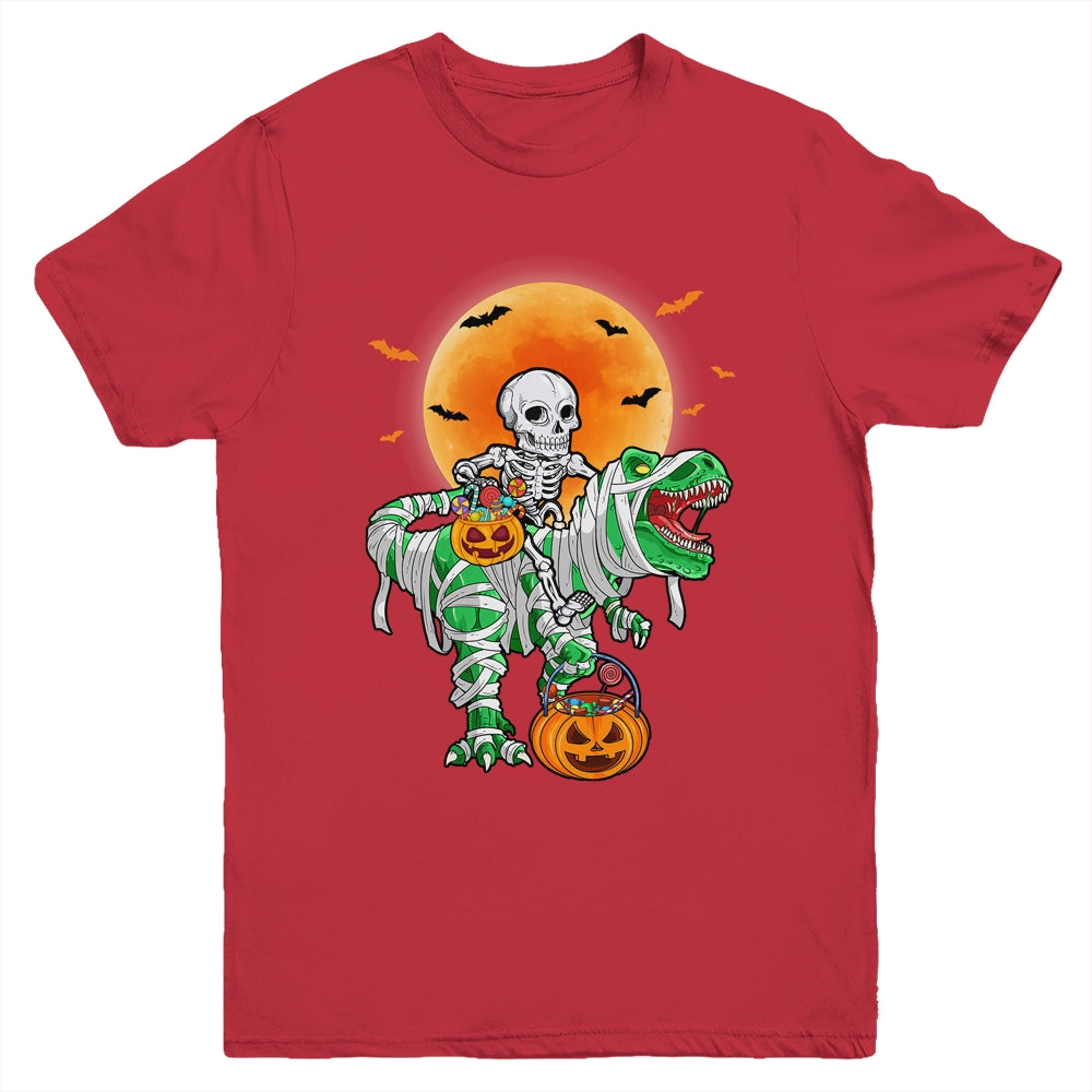 Skeleton Riding Mummy Dinosaur T Rex Halloween Funny Pumpkin Youth Shirt | siriusteestore