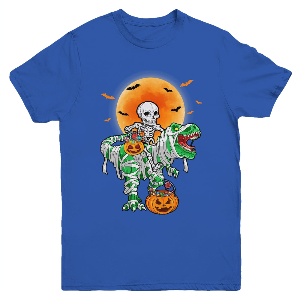 Skeleton Riding Mummy Dinosaur T Rex Halloween Funny Pumpkin Youth Shirt | siriusteestore