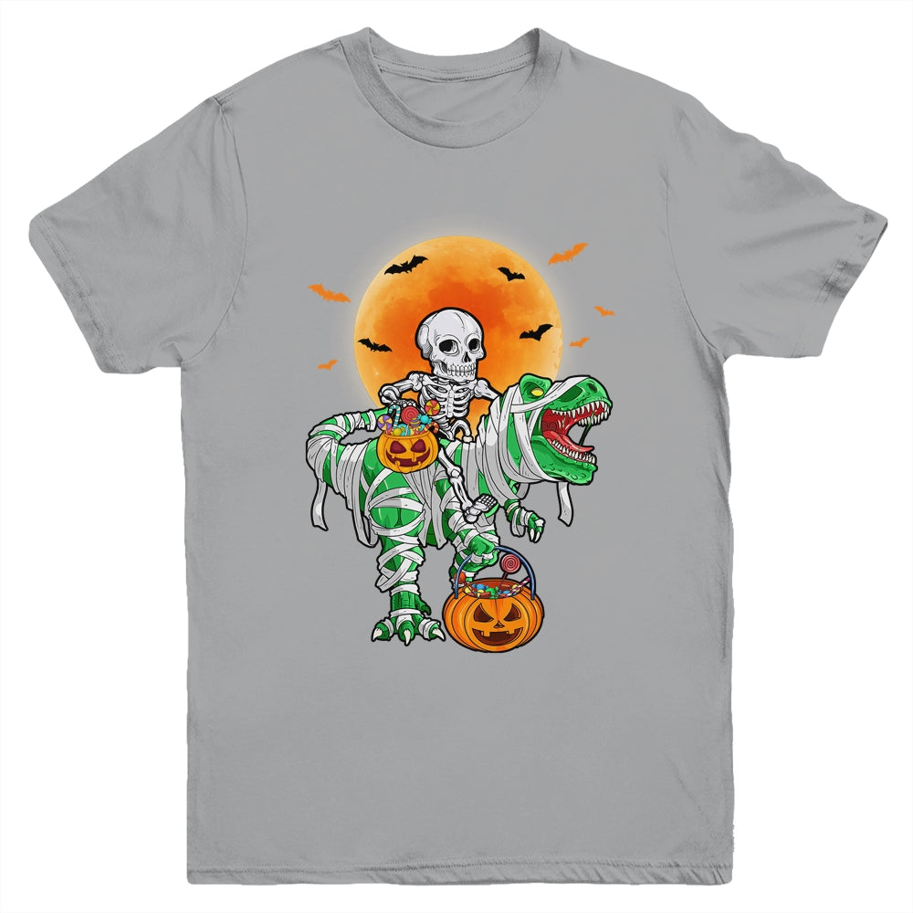 Skeleton Riding Mummy Dinosaur T Rex Halloween Funny Pumpkin Youth Shirt | siriusteestore
