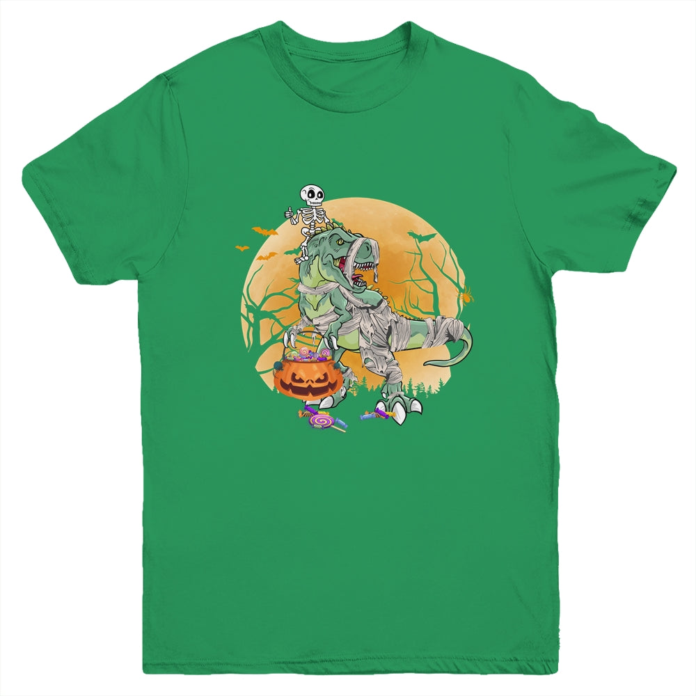 Skeleton Riding Mummy T Rex Halloween Boys Girls Kids Youth Shirt | siriusteestore