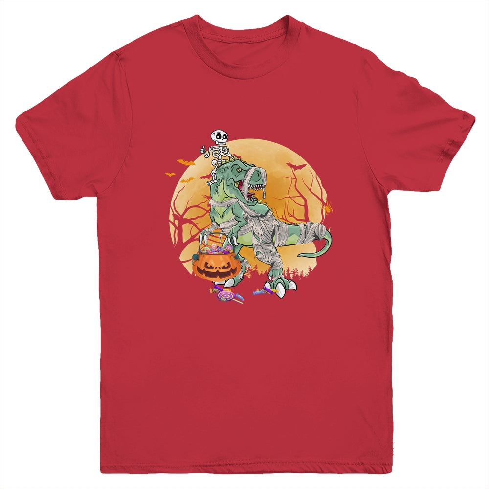 Skeleton Riding Mummy T Rex Halloween Boys Girls Kids Youth Shirt | siriusteestore