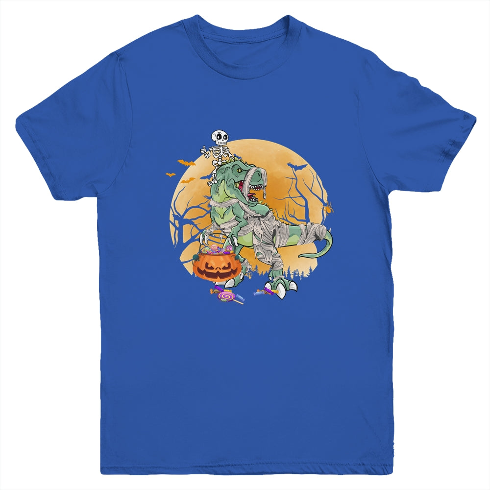 Skeleton Riding Mummy T Rex Halloween Boys Girls Kids Youth Shirt | siriusteestore