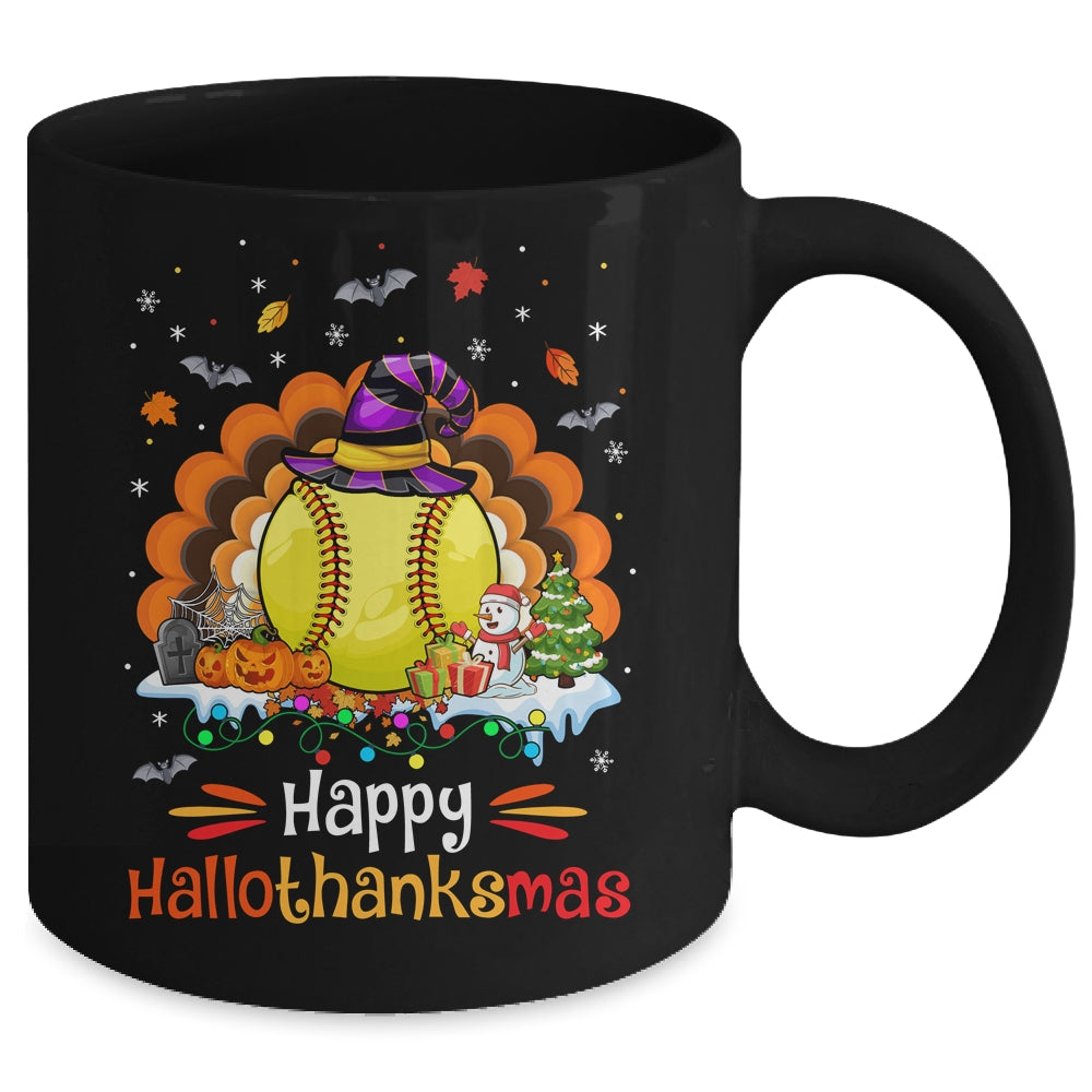 Softball Halloween Christmas Thanksgiving Hallothanksmas Mug | siriusteestore