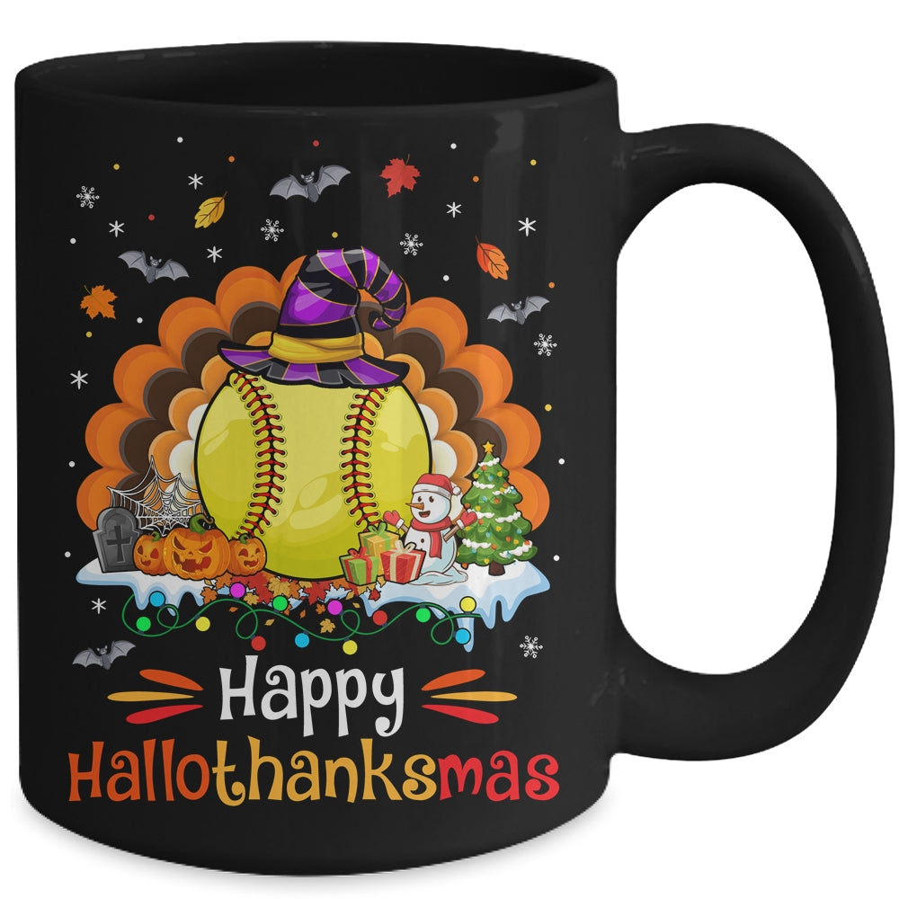Softball Halloween Christmas Thanksgiving Hallothanksmas Mug | siriusteestore