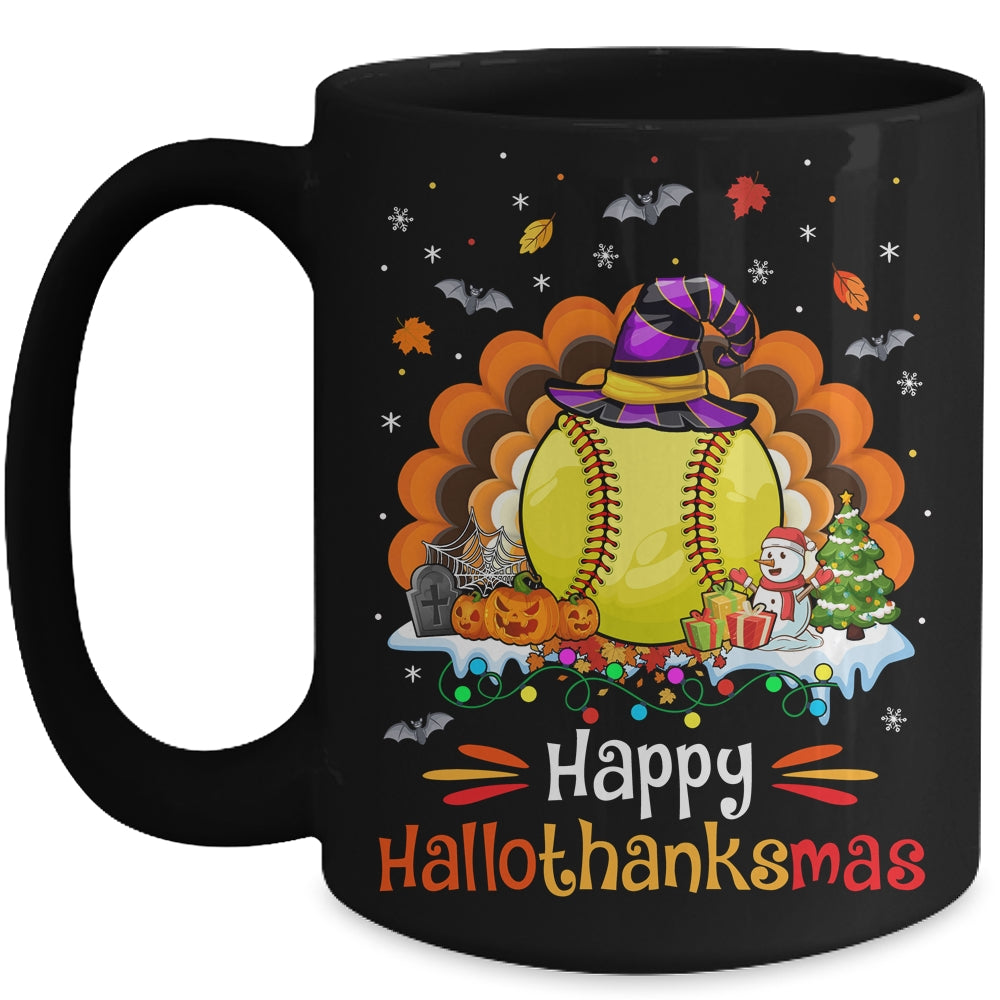 Softball Halloween Christmas Thanksgiving Hallothanksmas Mug | siriusteestore