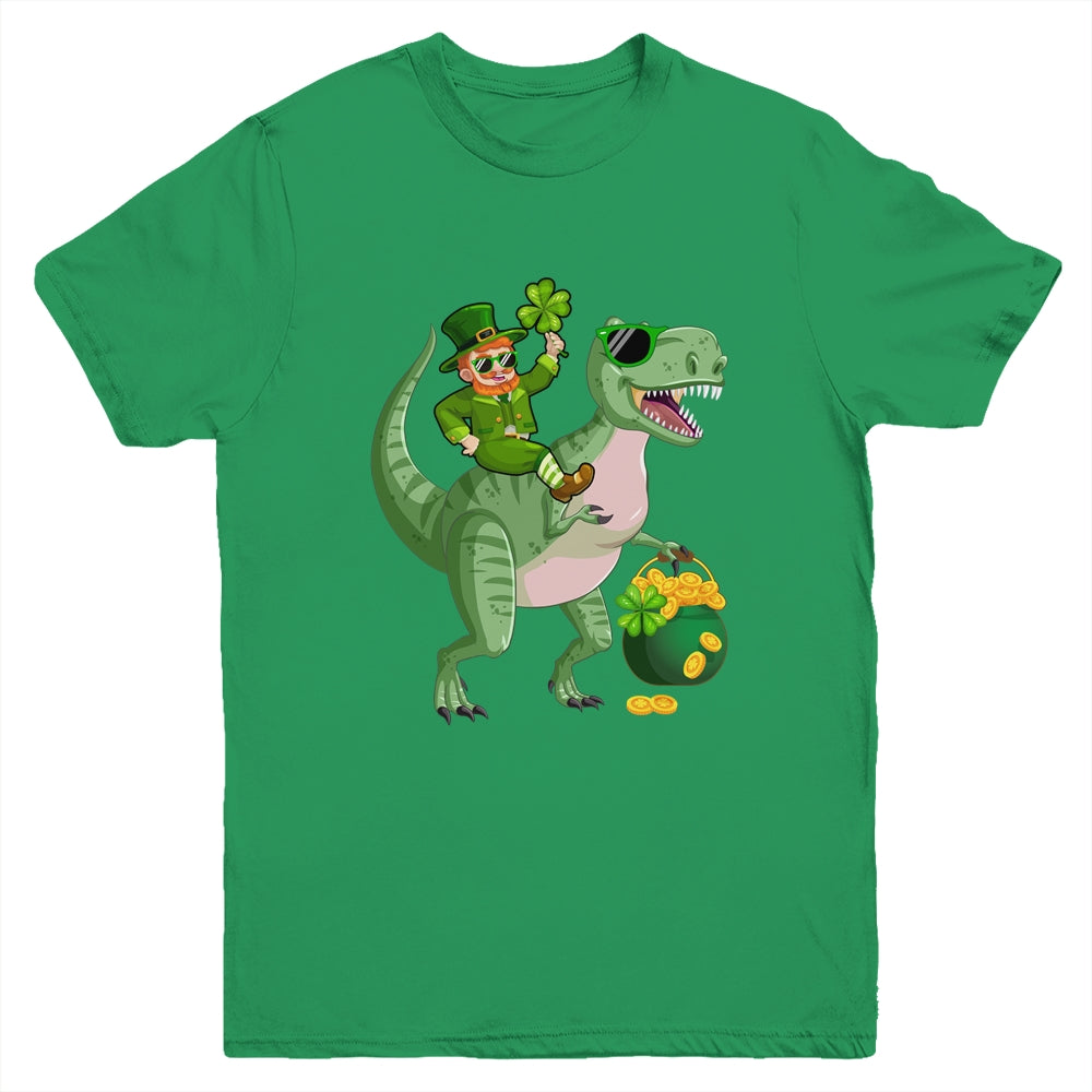 St Patricks Day Leprechaun Riding T Rex Funny Dino Boys Youth Shirt | siriusteestore