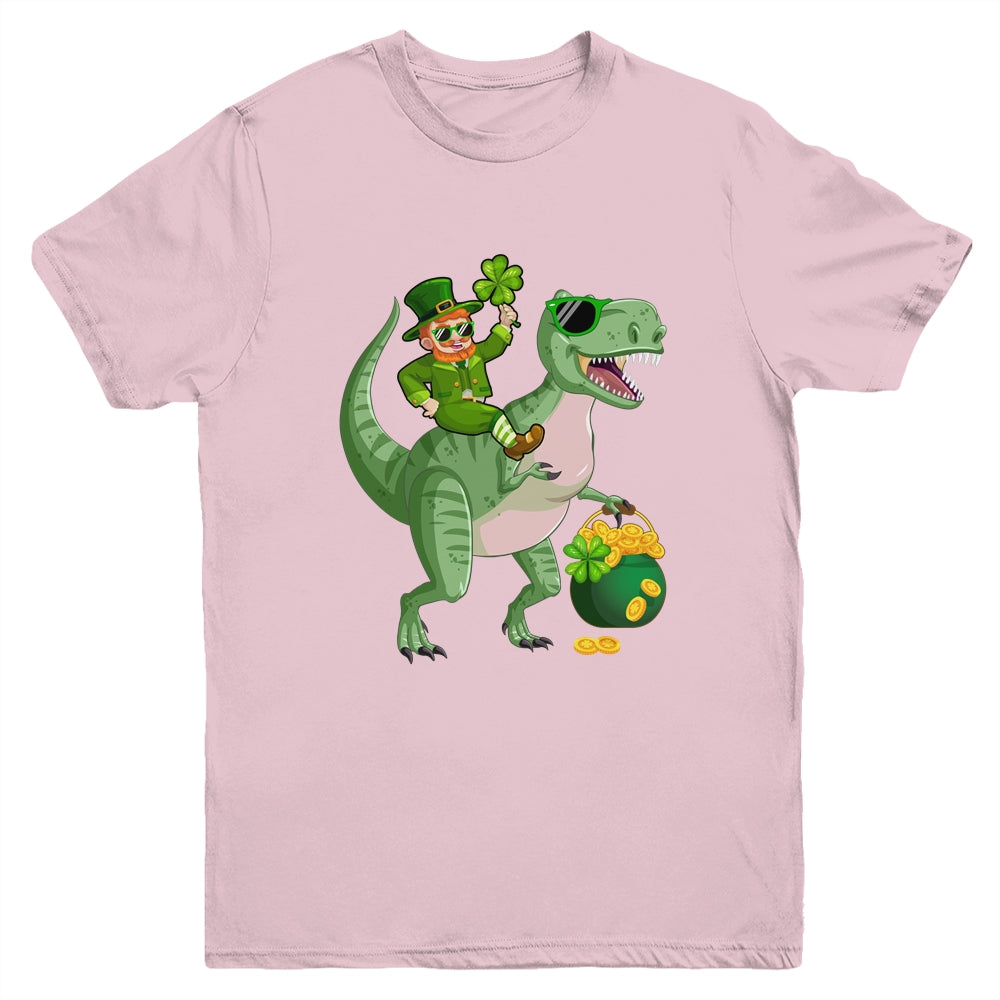 St Patricks Day Leprechaun Riding T Rex Funny Dino Boys Youth Shirt | siriusteestore