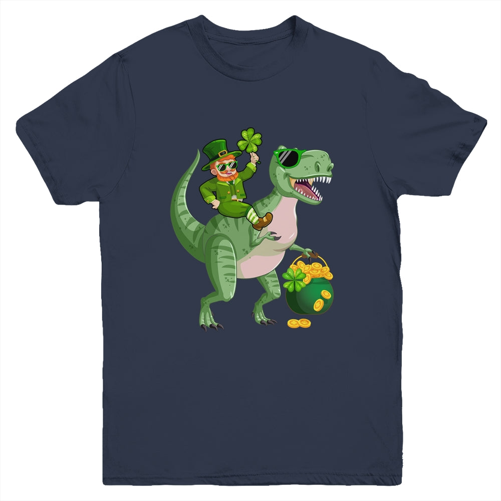 St Patricks Day Leprechaun Riding T Rex Funny Dino Boys Youth Shirt | siriusteestore