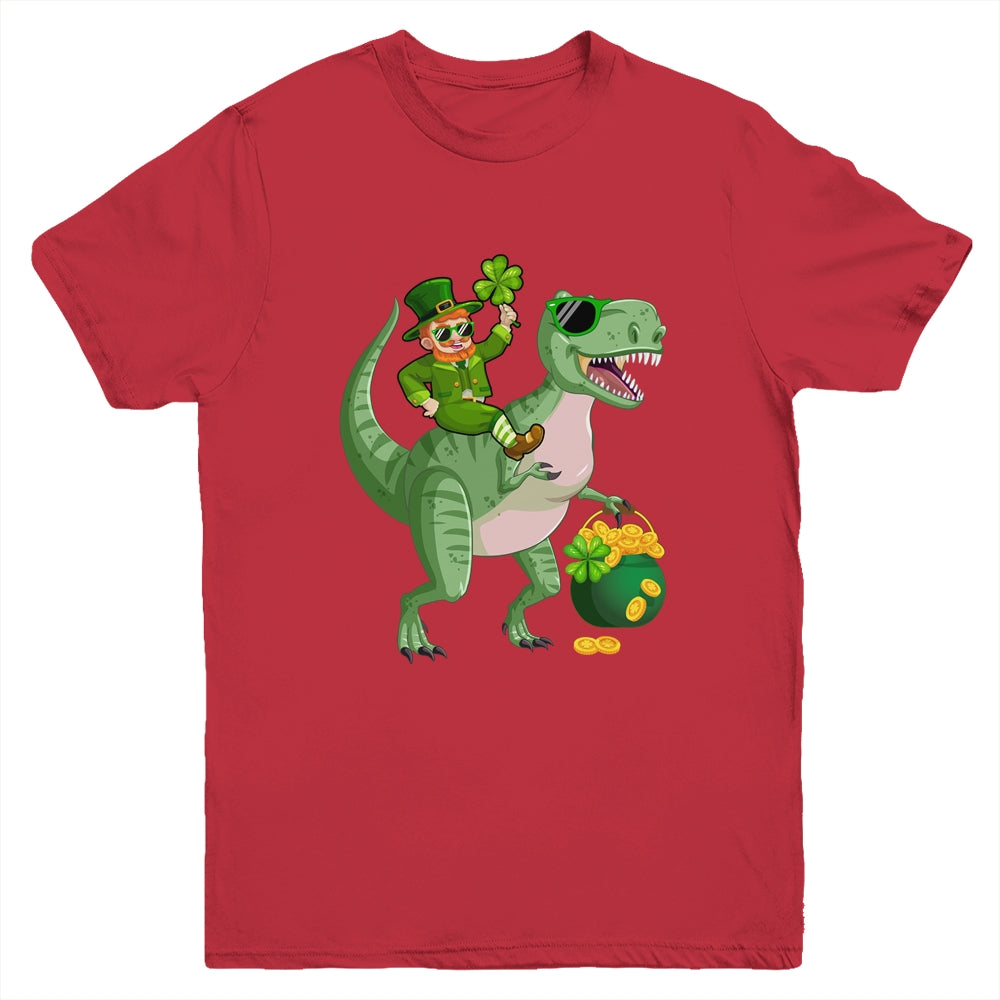 St Patricks Day Leprechaun Riding T Rex Funny Dino Boys Youth Shirt | siriusteestore