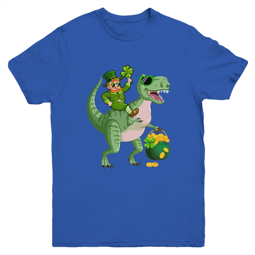 St Patricks Day Leprechaun Riding T Rex Funny Dino Boys Youth Shirt | siriusteestore