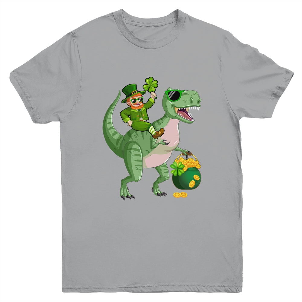 St Patricks Day Leprechaun Riding T Rex Funny Dino Boys Youth Shirt | siriusteestore