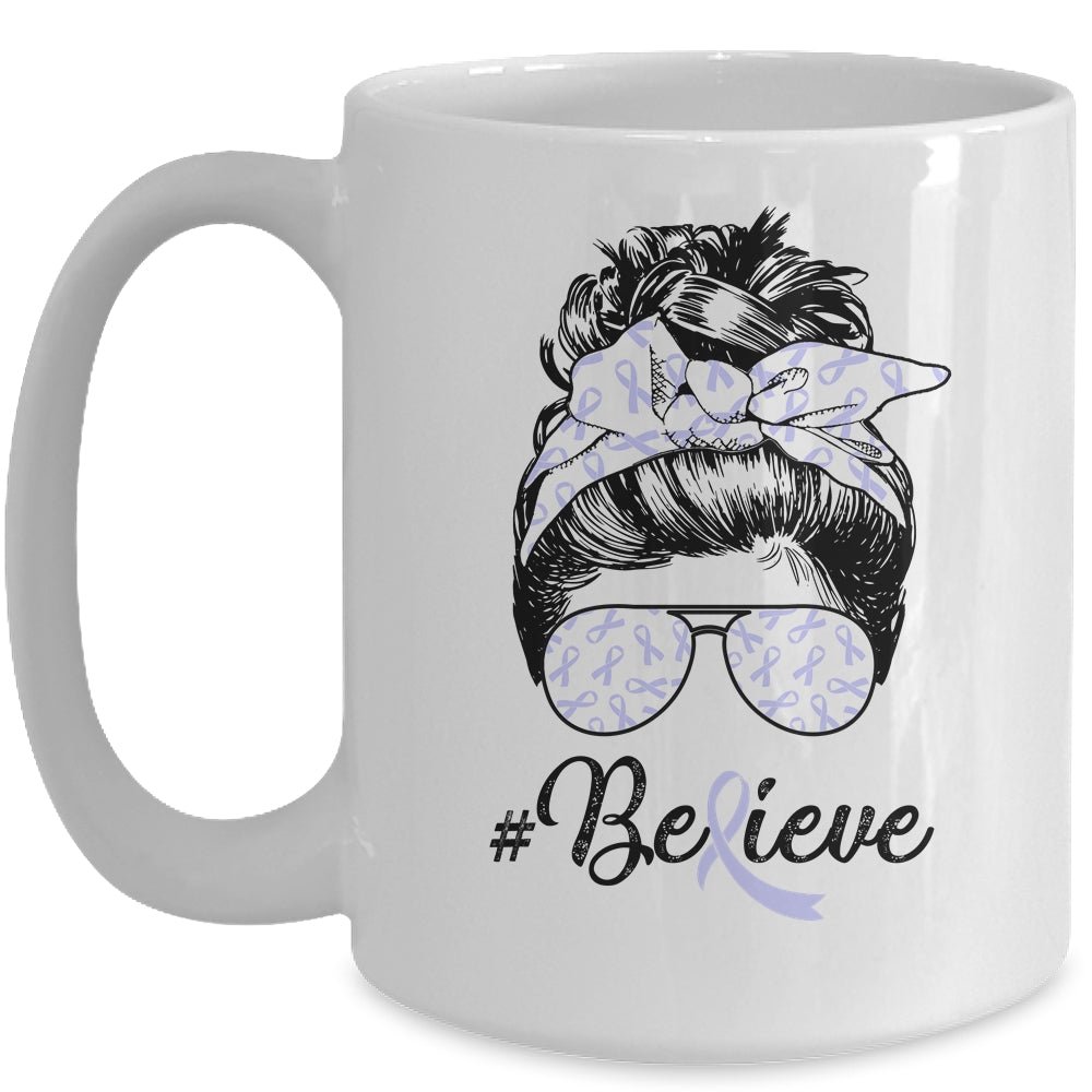 Stomach Cancer Awareness Messy Bun Warrior Believe Mug | siriusteestore