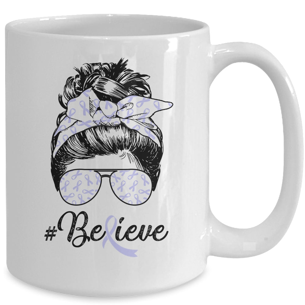 Stomach Cancer Awareness Messy Bun Warrior Believe Mug | siriusteestore