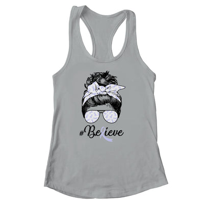 Stomach Cancer Awareness Messy Bun Warrior Believe Shirt & Tank Top | siriusteestore