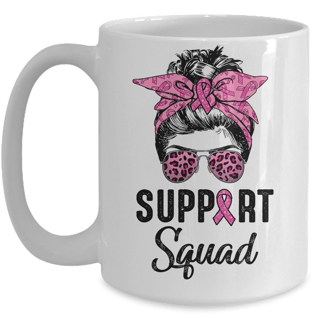 Support Squad Messy Bun Pink Ribbon Breast Cancer Warrior Mug | siriusteestore