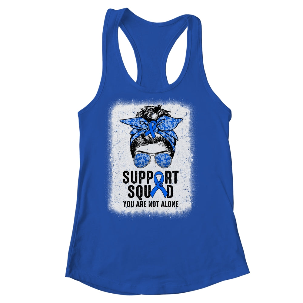 Support Squad Messy Bun Warrior Blue Colon Cancer Awareness Shirt & Tank Top | siriusteestore