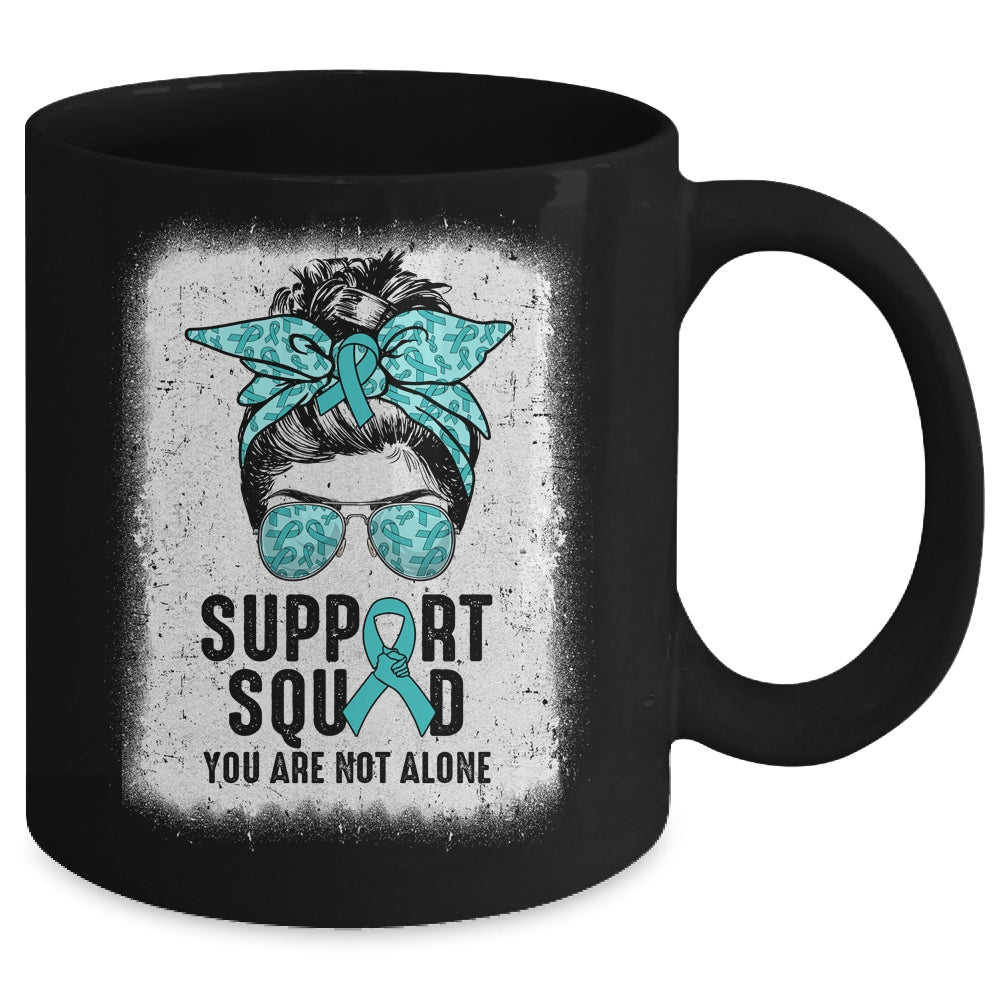 Support Squad Messy Bun Warrior Teal Ovarian Cancer Awareness Mug | siriusteestore